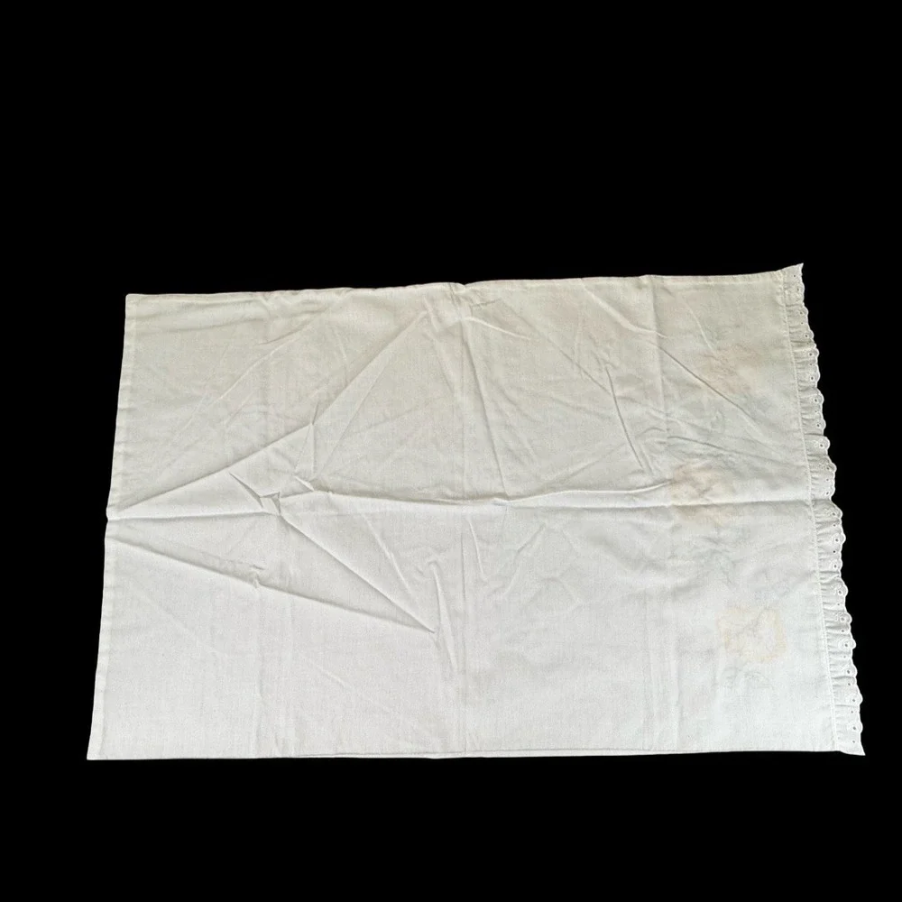 Vintage Hand Embroidered Pillowcase Pair Floral Flowers Eyelet Scalloped Trim